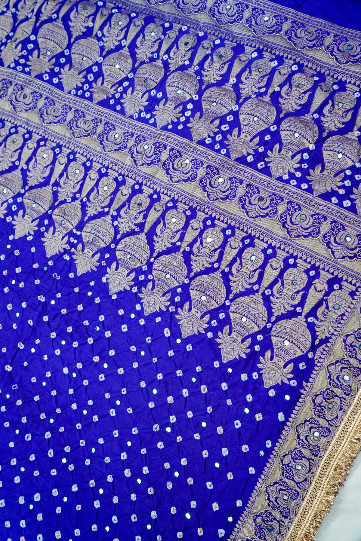 Kalash - Royal Blue Bandhani Dupion Silk Saree with Fringe Border