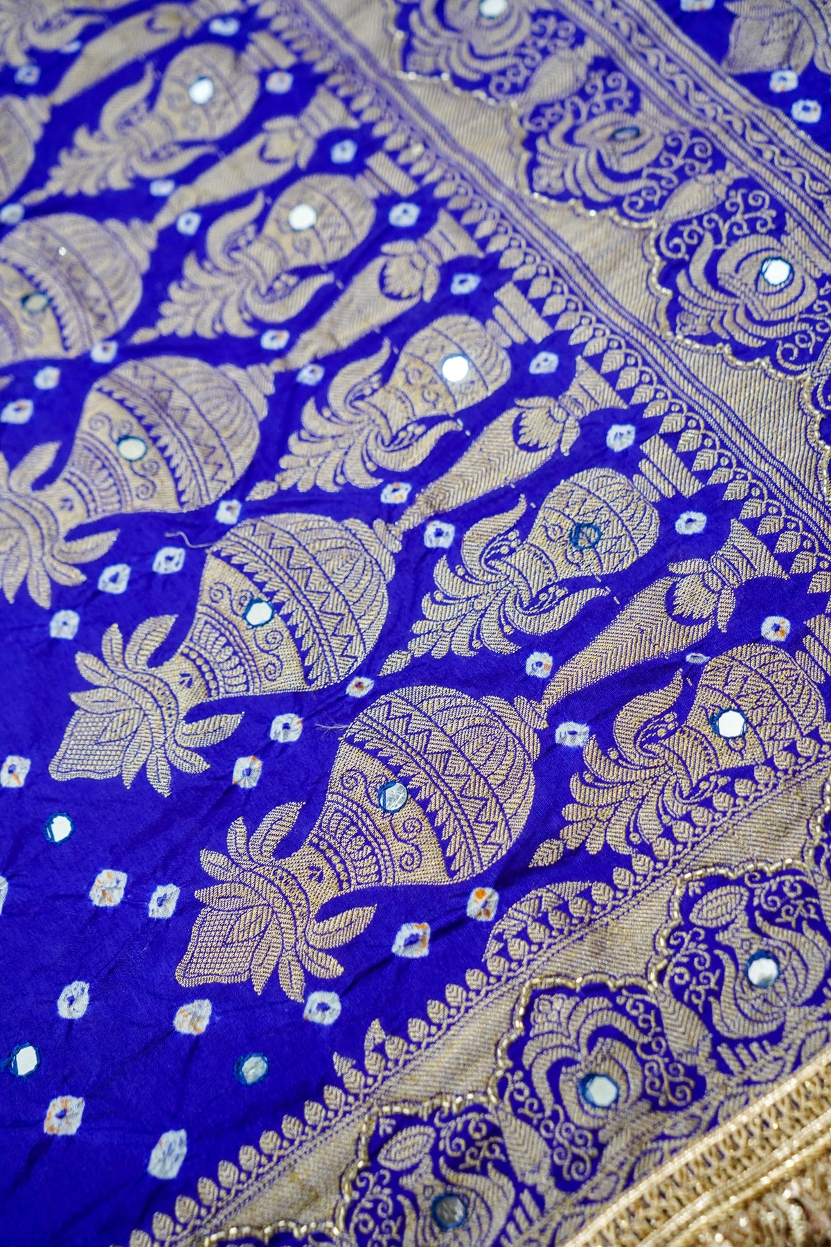 Kalash - Royal Blue Bandhani Dupion Silk Saree with Fringe Border