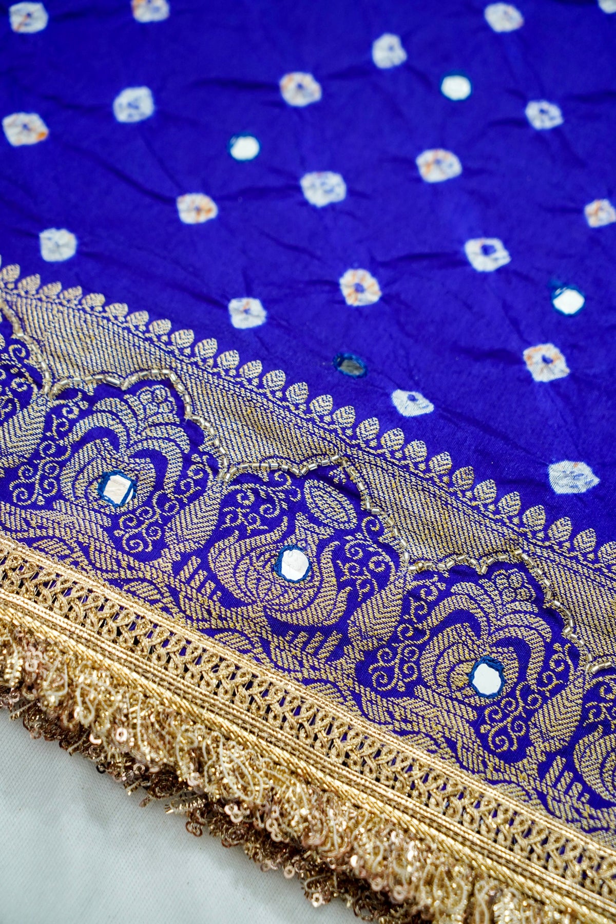 Kalash - Royal Blue Bandhani Dupion Silk Saree with Fringe Border