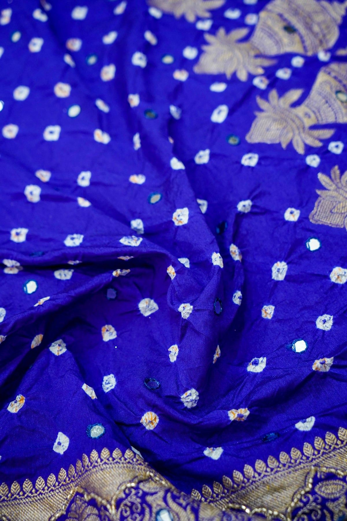 Kalash - Royal Blue Bandhani Dupion Silk Saree with Fringe Border
