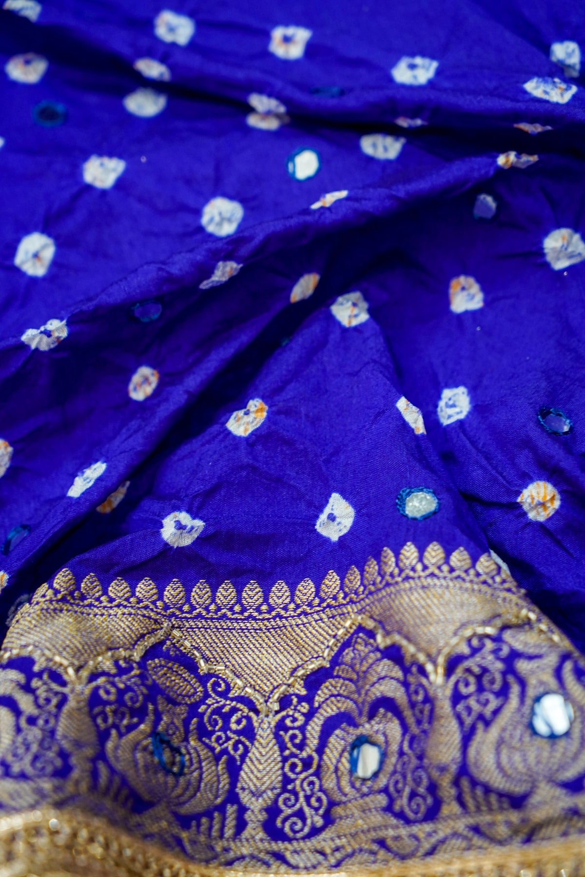 Kalash - Royal Blue Bandhani Dupion Silk Saree with Fringe Border