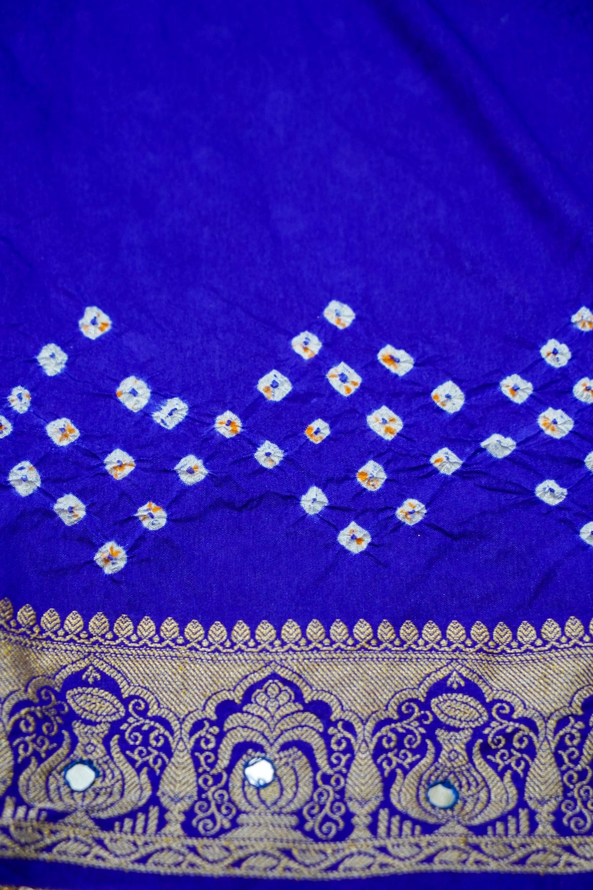 Kalash - Royal Blue Bandhani Dupion Silk Saree with Fringe Border