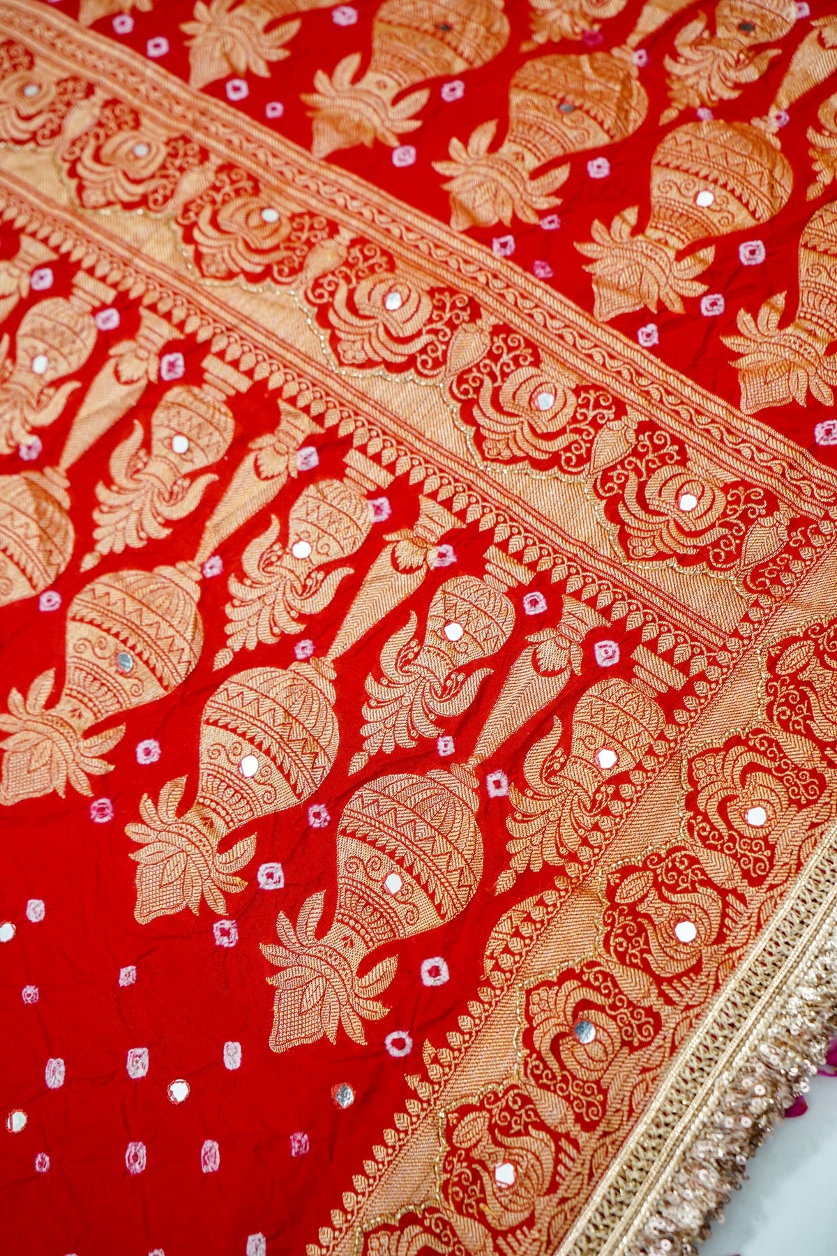 Kalash - Vermilion Red Bandhani Dupion Silk Saree with Fringe Border