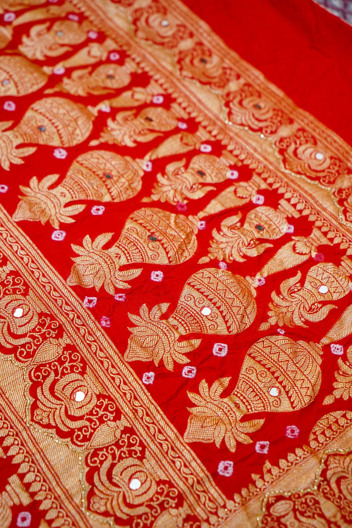 Kalash - Vermilion Red Bandhani Dupion Silk Saree with Fringe Border