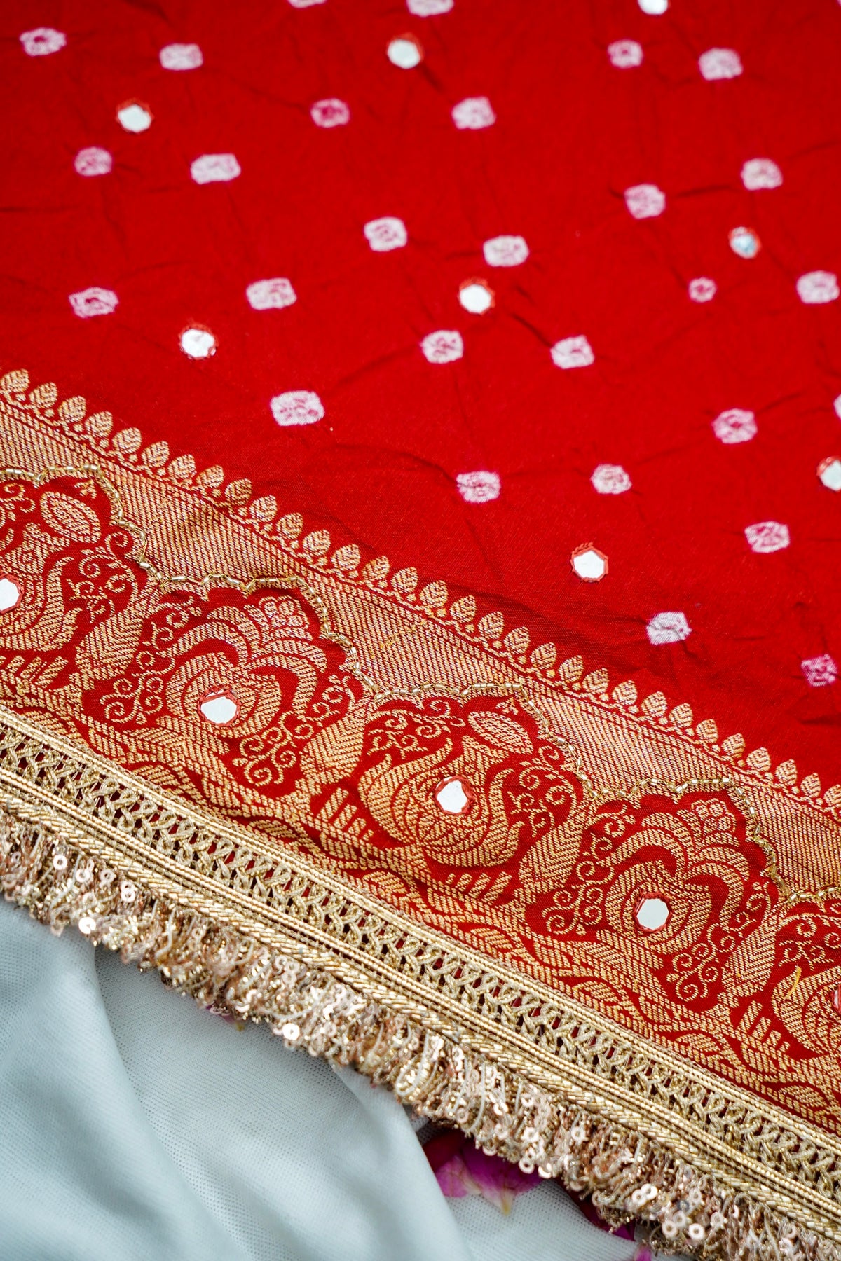 Kalash - Vermilion Red Bandhani Dupion Silk Saree with Fringe Border
