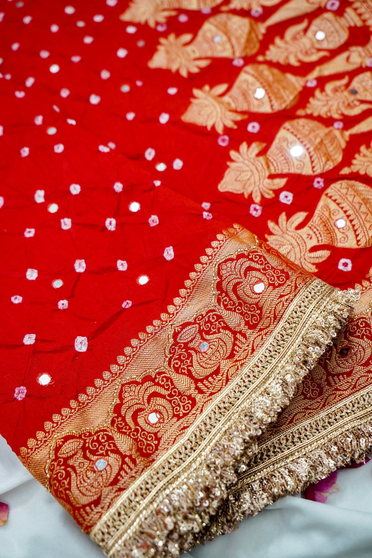 Kalash - Vermilion Red Bandhani Dupion Silk Saree with Fringe Border