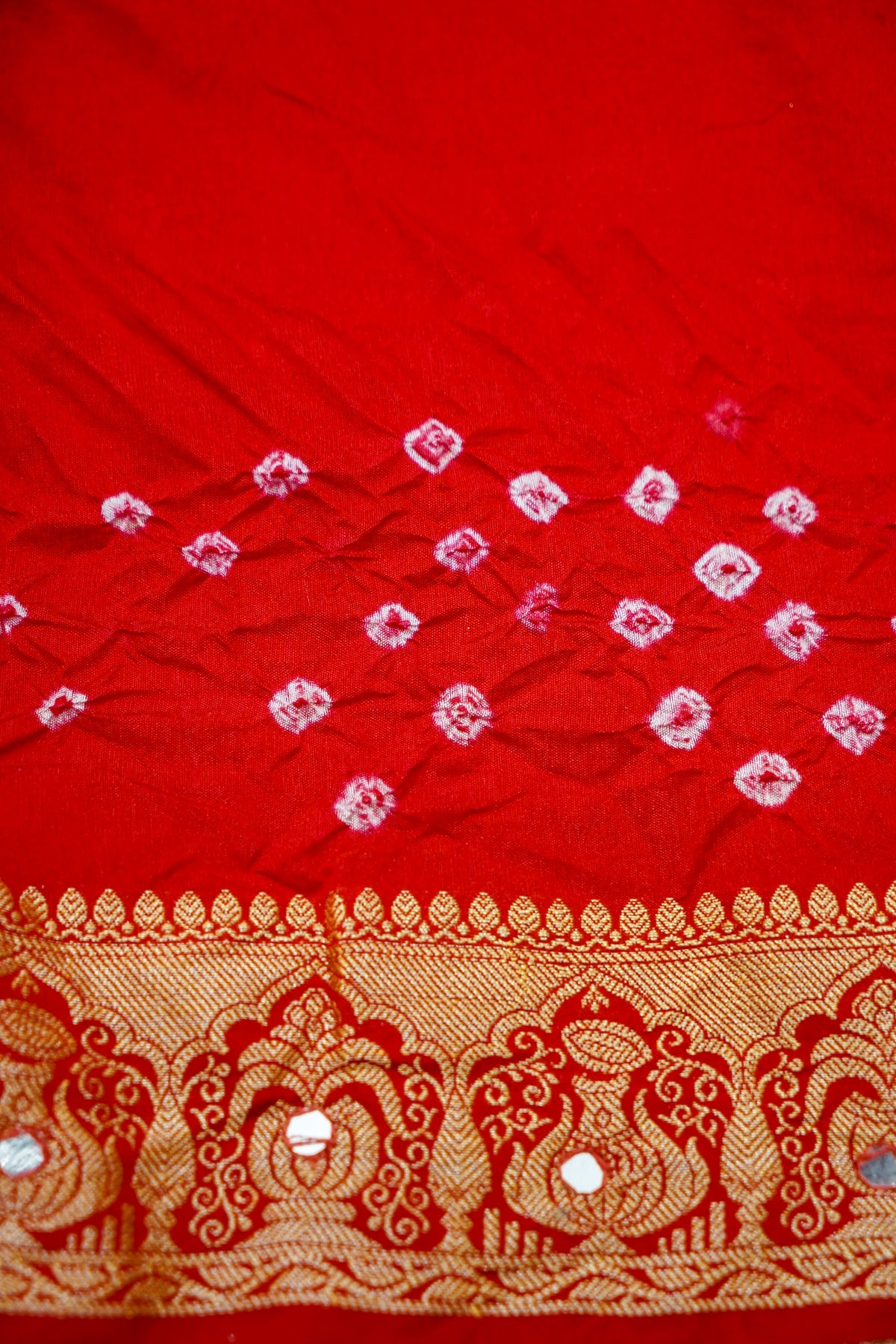 Kalash - Vermilion Red Bandhani Dupion Silk Saree with Fringe Border