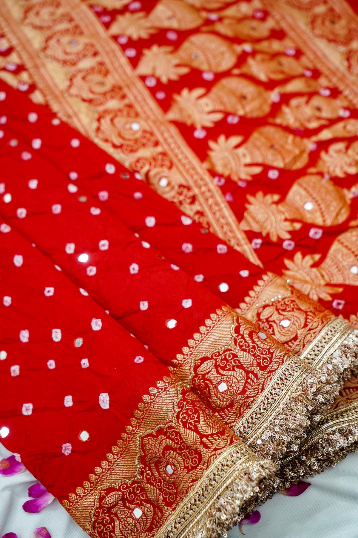 Kalash - Vermilion Red Bandhani Dupion Silk Saree with Fringe Border