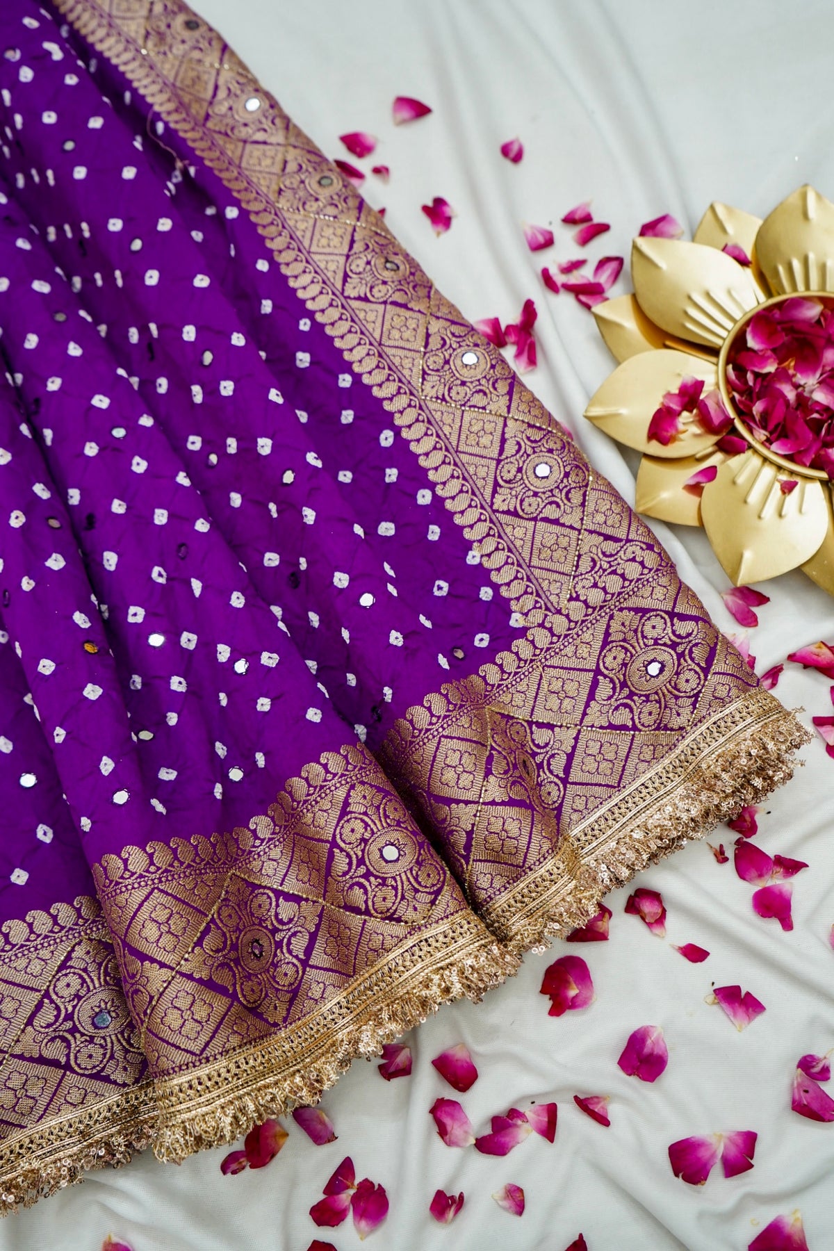 Royal Purple Bandhani Banarasi Dupion Silk Saree with Fringe Border