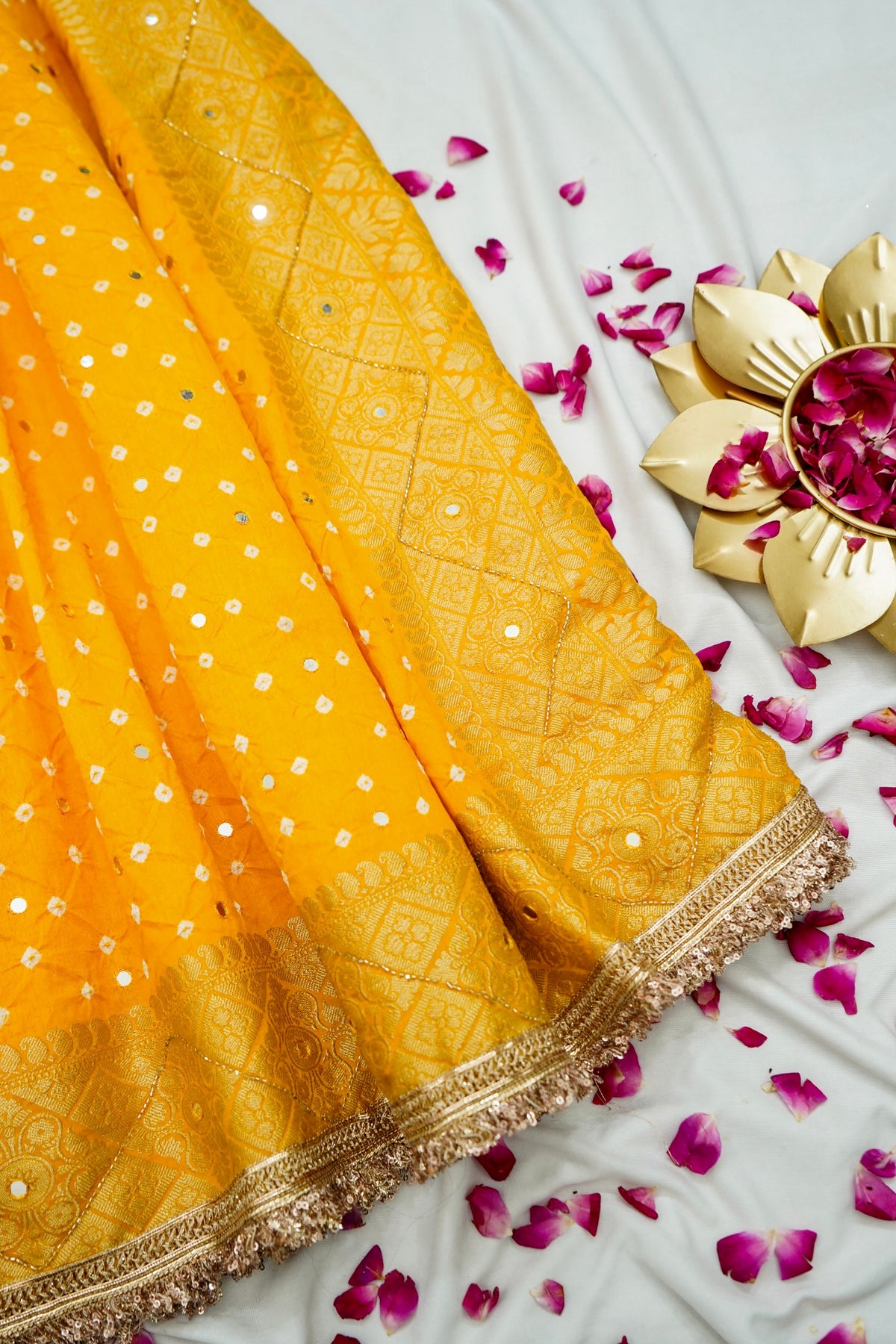 Sunshine Yellow Bandhani Banarasi Dupion Silk Saree with Fringe Border