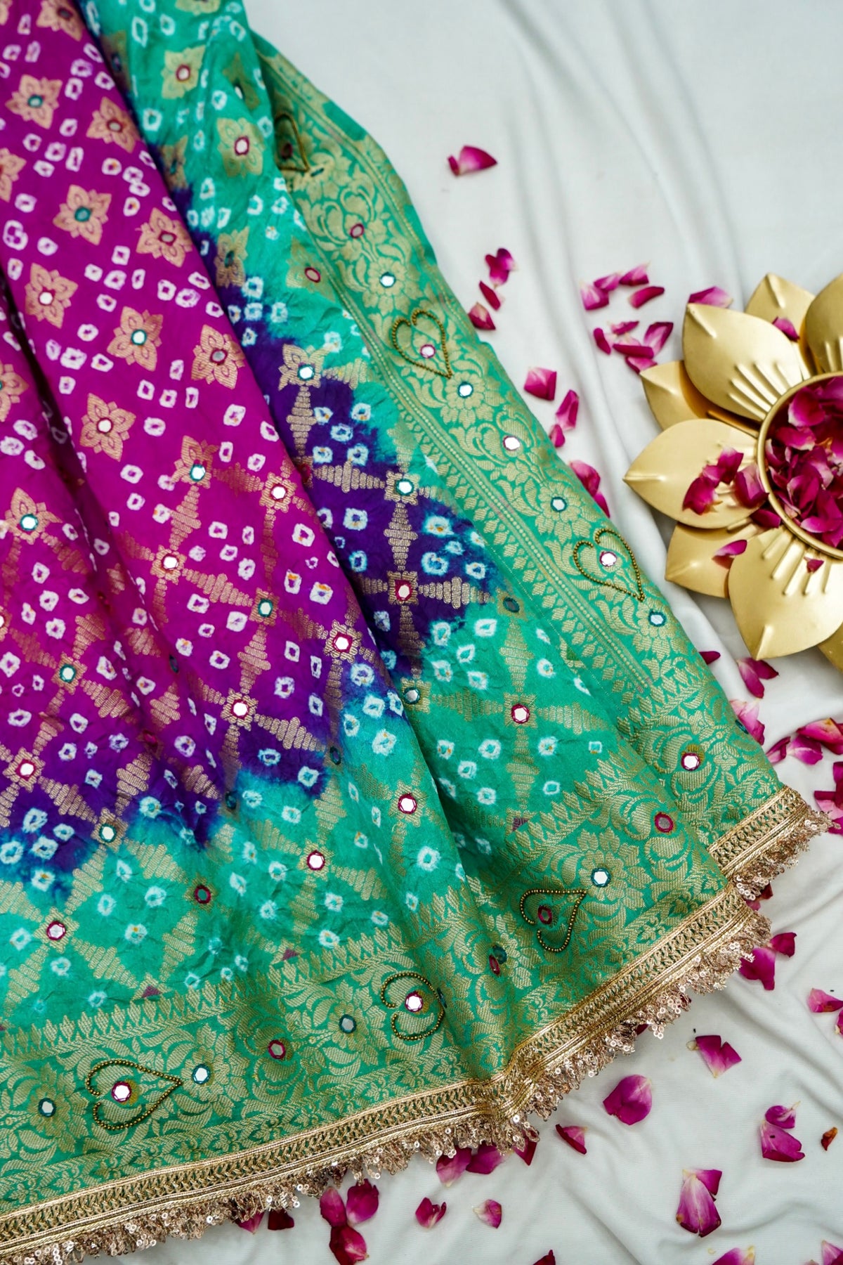 Dual Shade - Magenta and Sea Green Bandhani Dupion Silk Saree