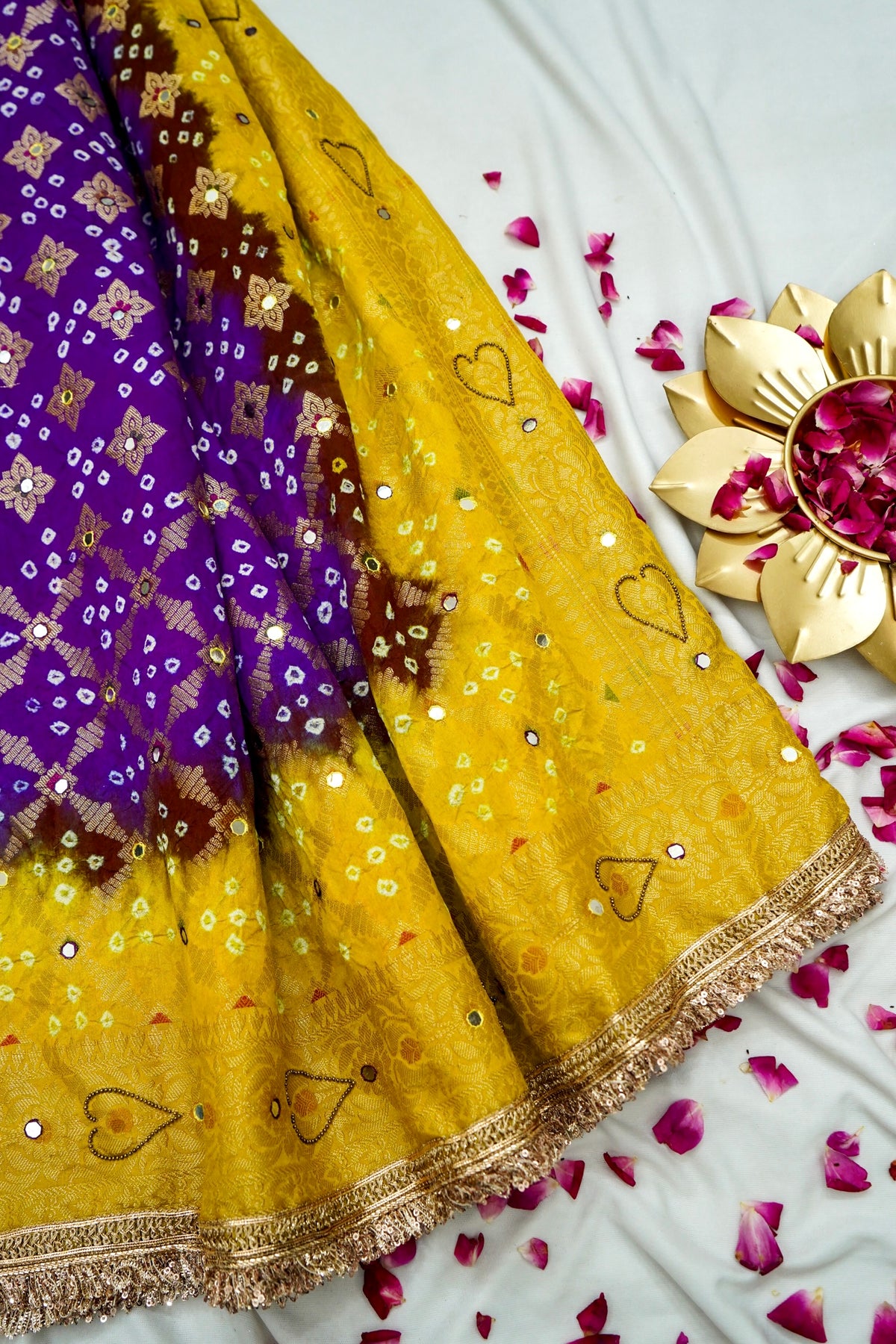 Dual Shade - Royal Purple & Mustard Yellow Bandhani Dupion Silk Saree