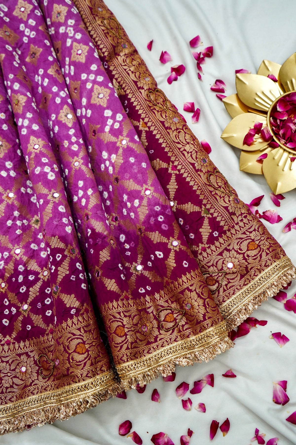 Dual Shade - Pink and Wine Bandhani Dupion Silk Saree
