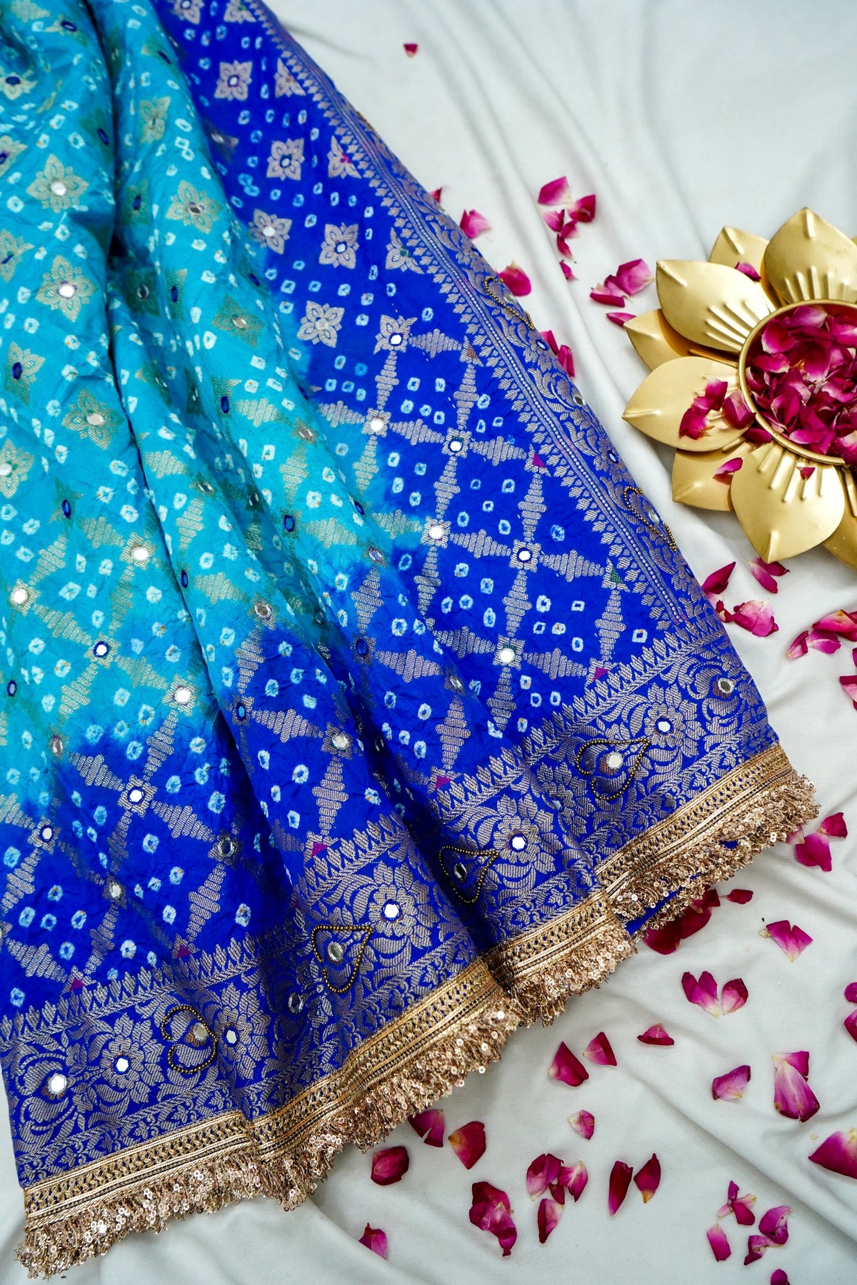Dual Shade - Sky Blue and Royal Blue Bandhani Dupion Silk Saree