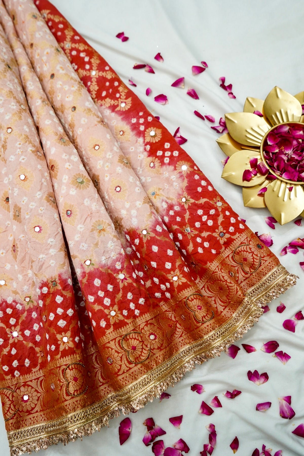 Dual-Tone Paisley Motif Blush Pink and Vermilion Red Bandhani Dupion Silk Saree