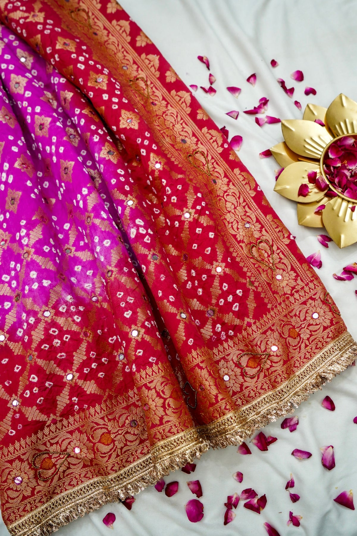Dual Shade - Rani Pink and Red Bandhani Dupion Silk Saree