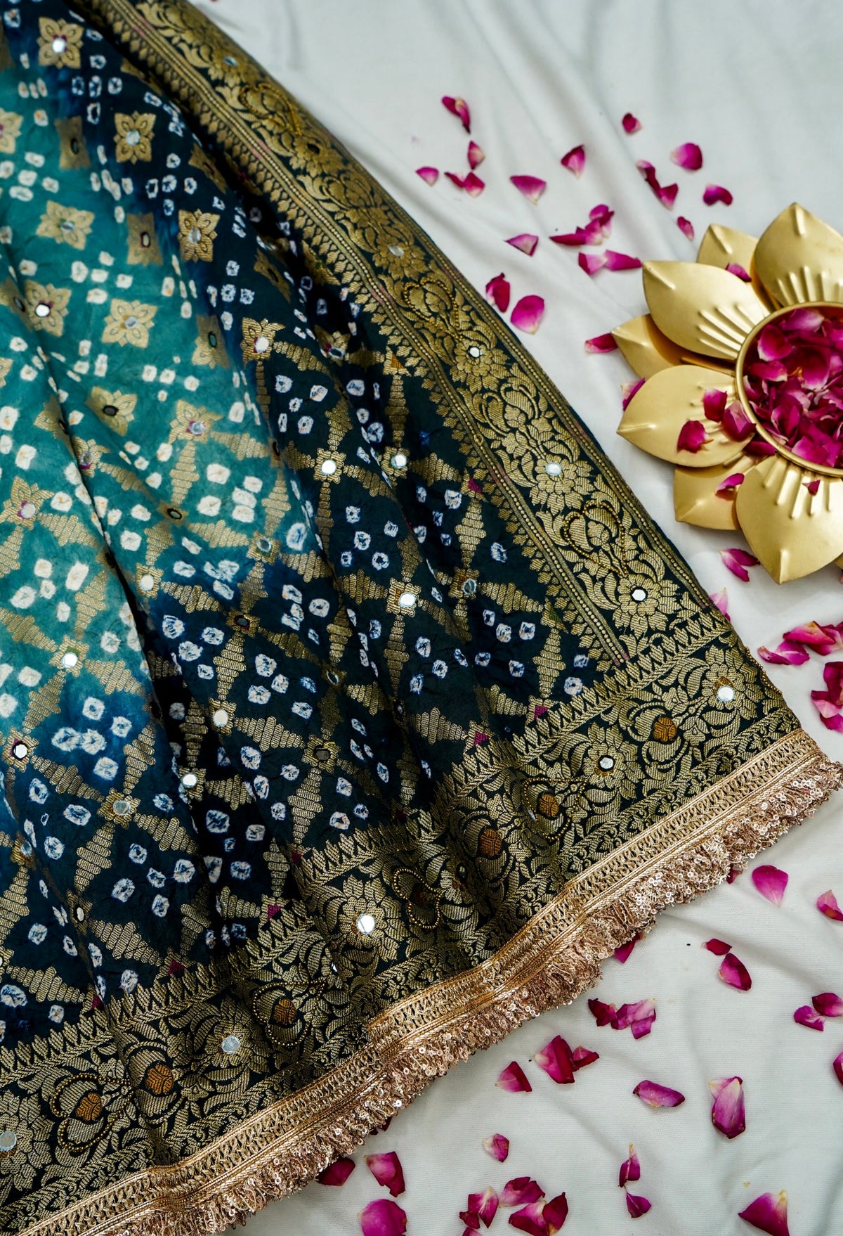Dual Shade - Teal and Navy Blue Bandhani Dupion Silk Saree