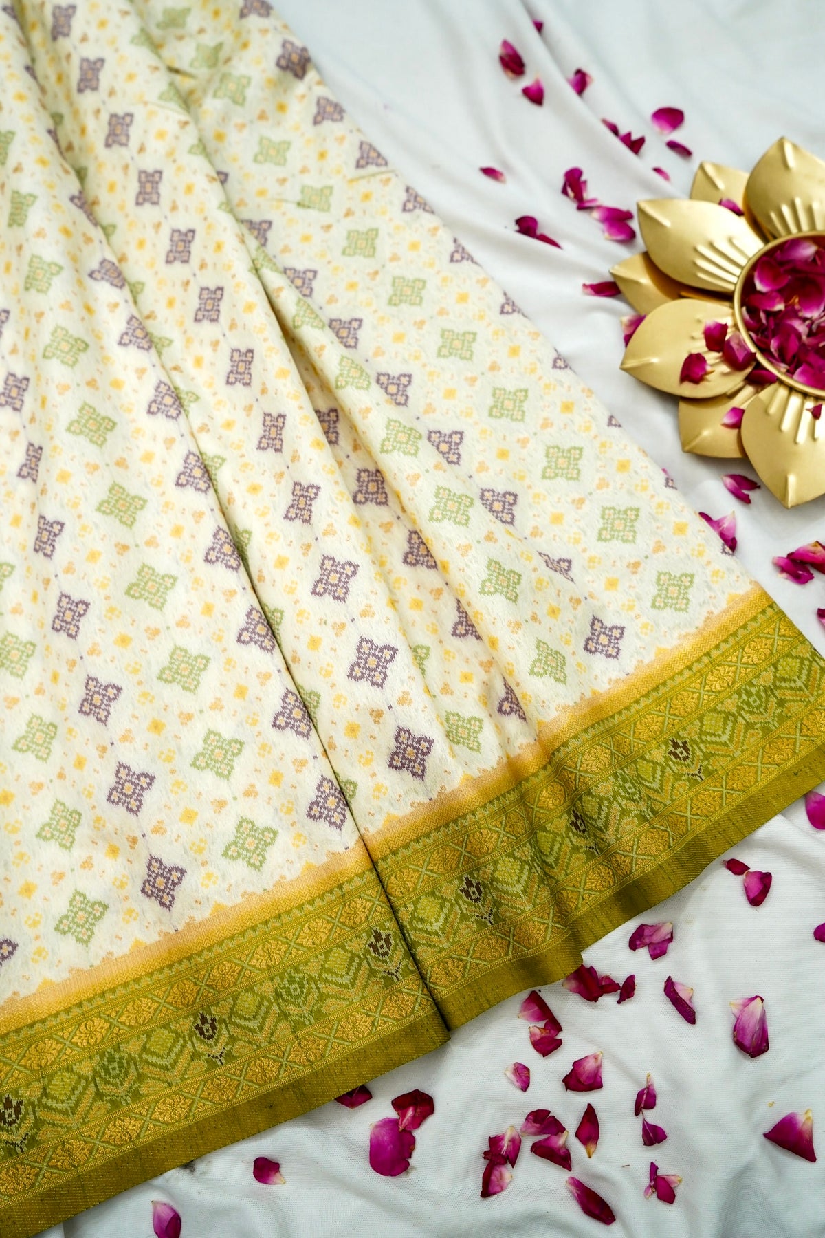 Soft Dupion Silk Ivory Patola Saree with Olive Green Border