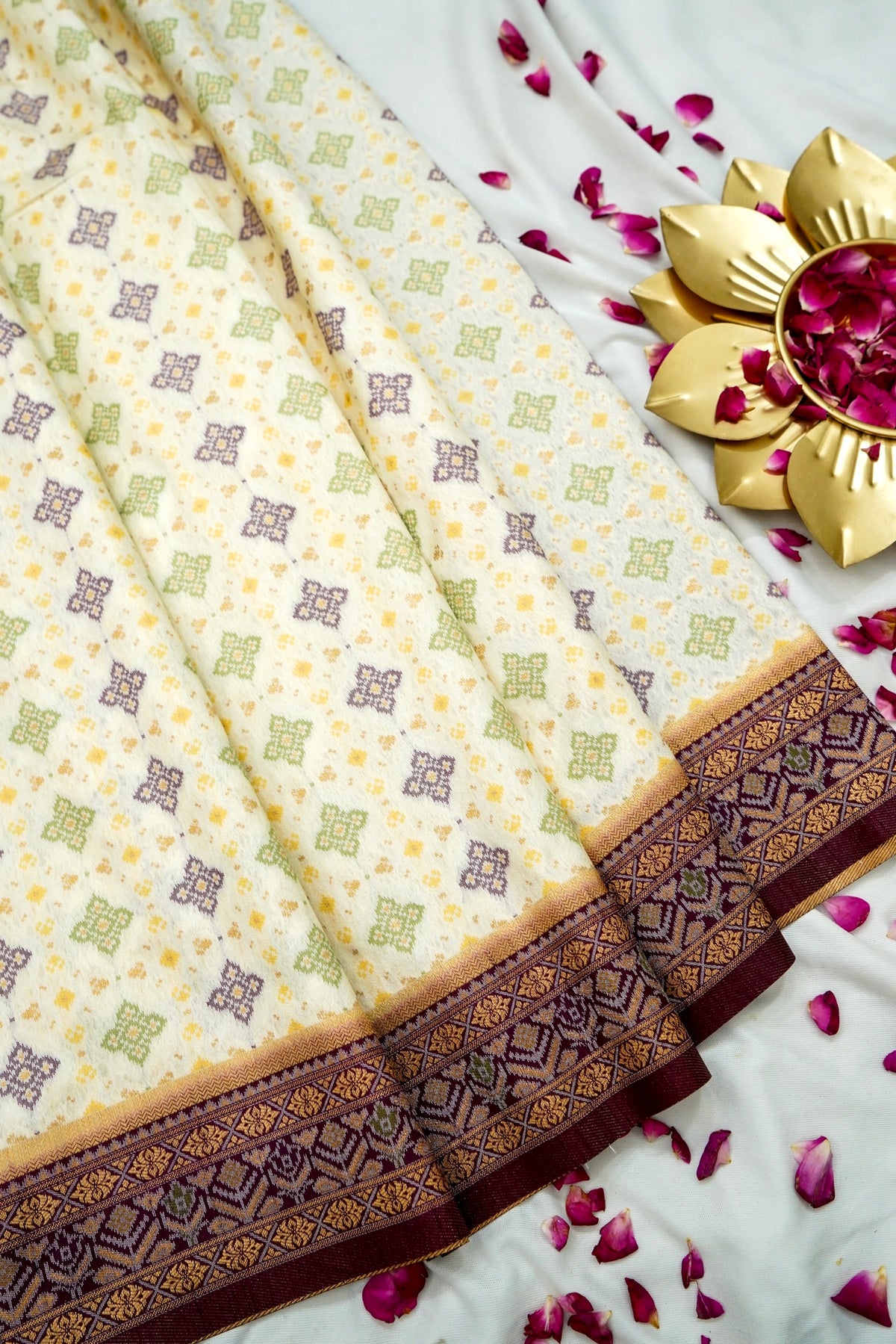 Soft Dupion Silk Ivory Patola Saree with Plum Border