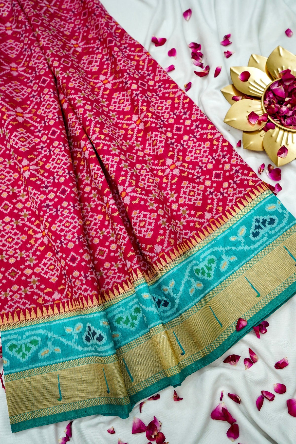 Raspberry Pink Dupion Silk Patola Saree with Contrast Turquoise Border