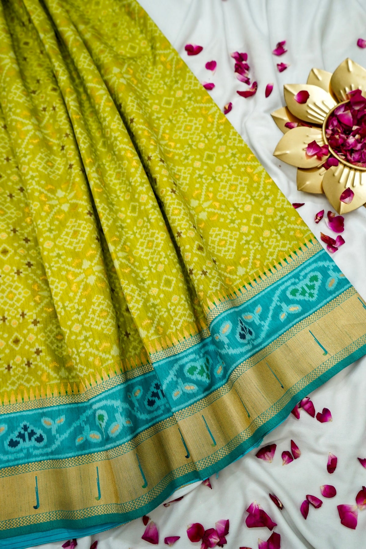 Lime Dupion Silk Patola Saree with Contrast Turquoise Border