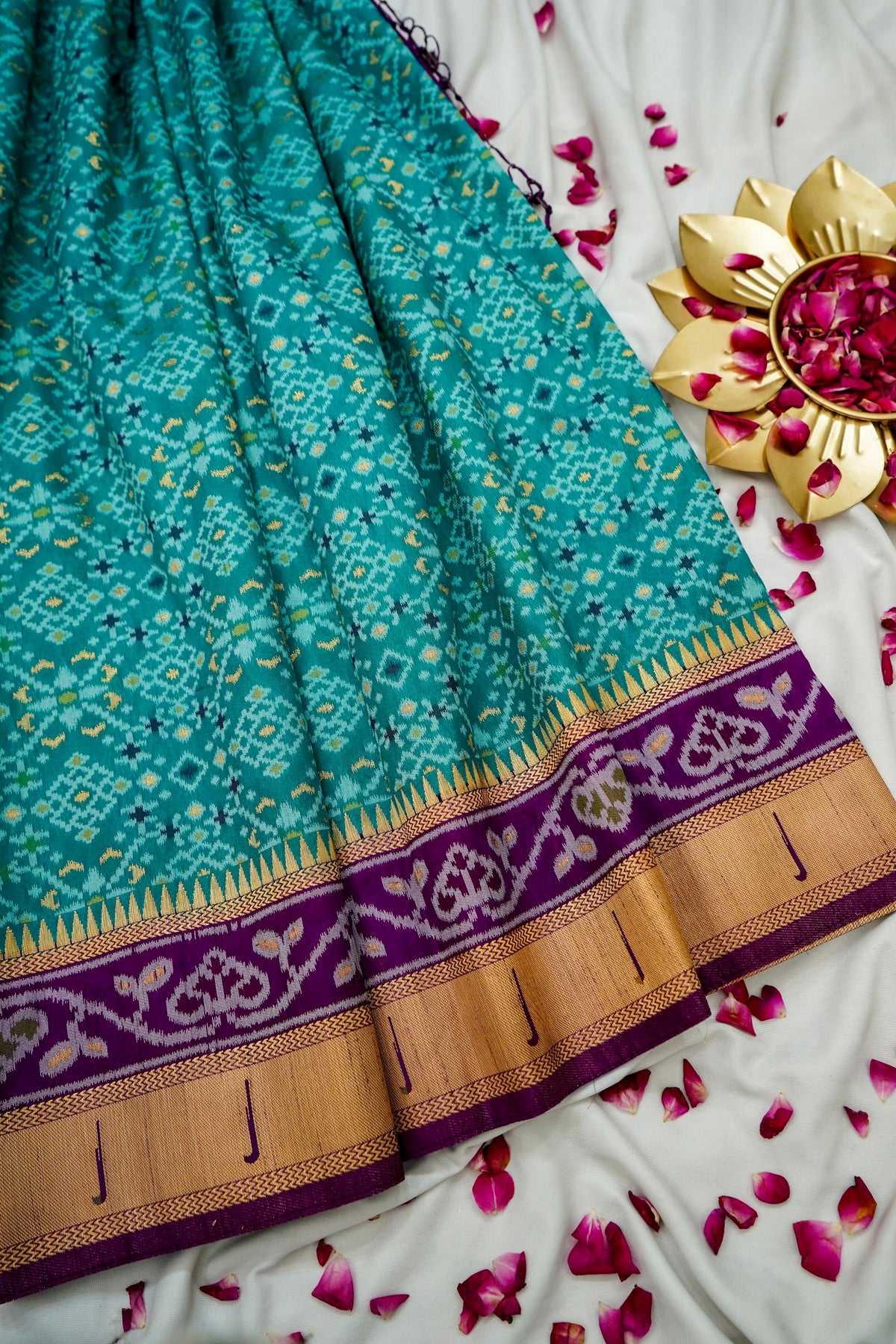 Turquoise Dupion Silk Patola Saree with Contrast Purple Border