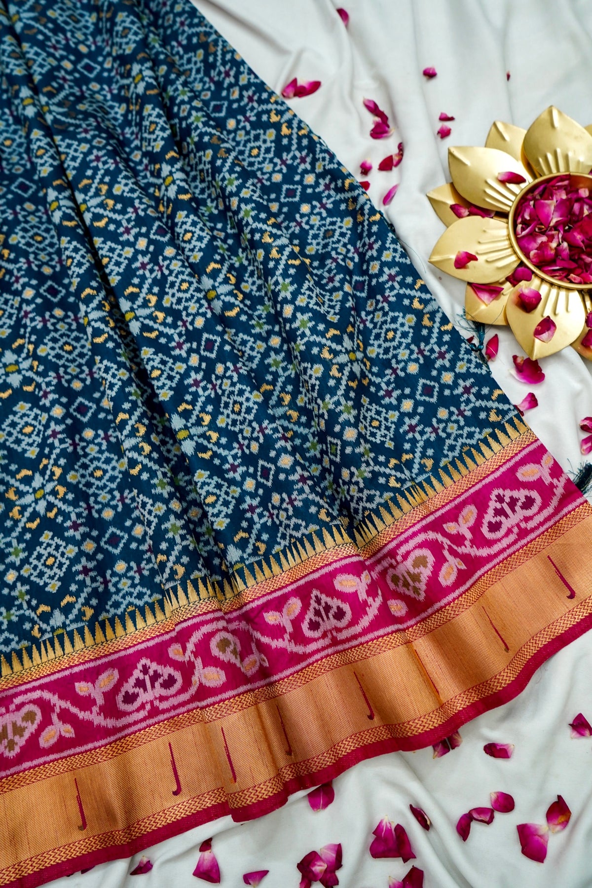 Navy Blue Dupion Silk Patola Saree with Contrast Magenta Border