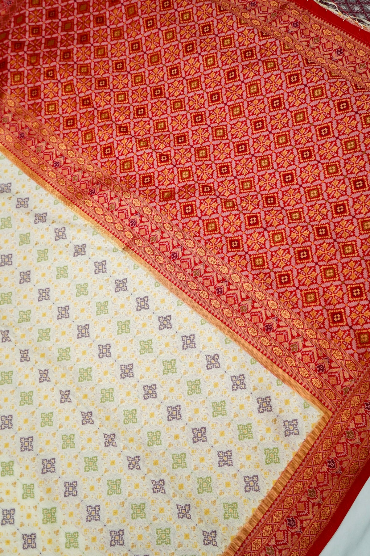 Soft Dupion Silk Ivory Patola Saree with Red Border