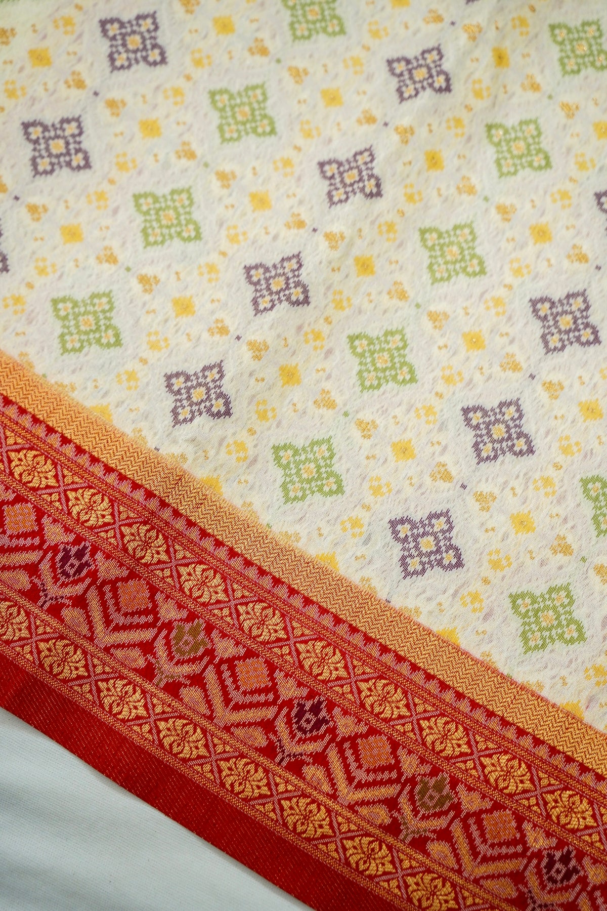 Soft Dupion Silk Ivory Patola Saree with Red Border