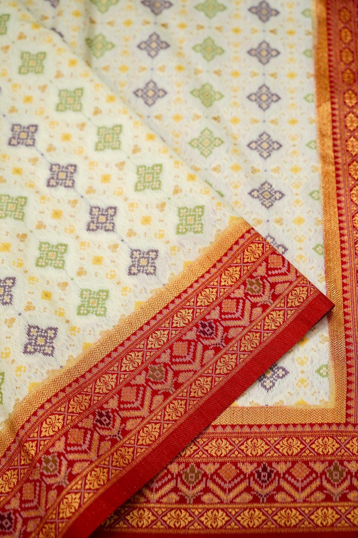 Soft Dupion Silk Ivory Patola Saree with Red Border