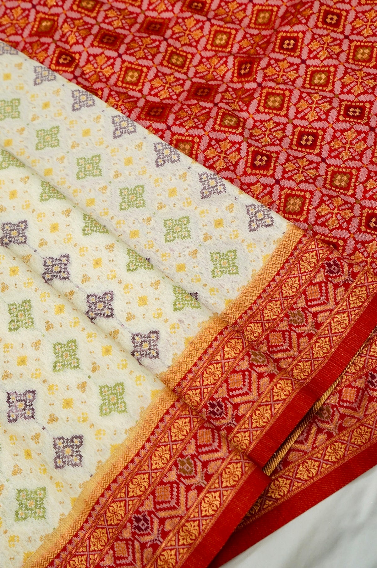 Soft Dupion Silk Ivory Patola Saree with Red Border