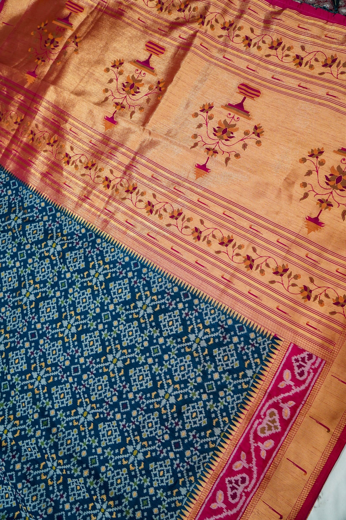 Navy Blue Dupion Silk Patola Saree with Contrast Magenta Border