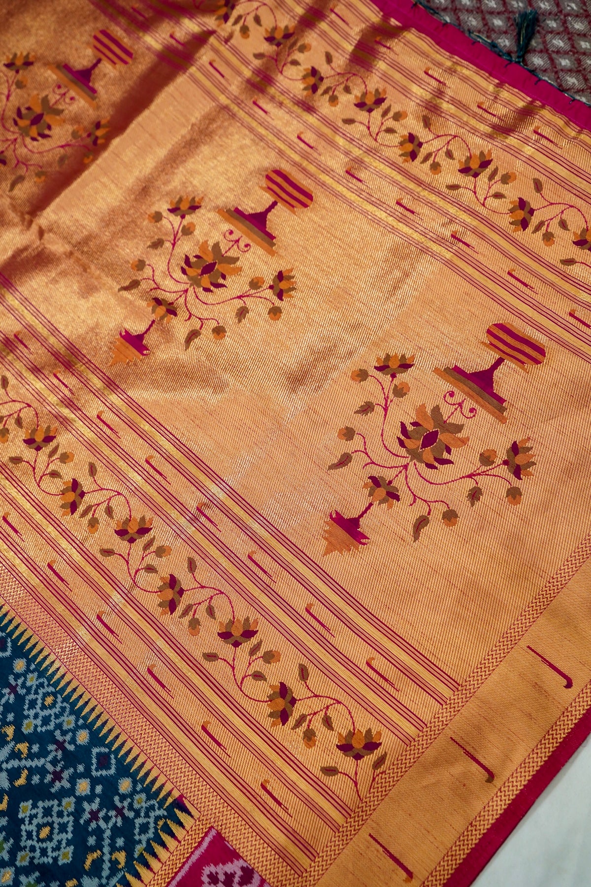 Navy Blue Dupion Silk Patola Saree with Contrast Magenta Border