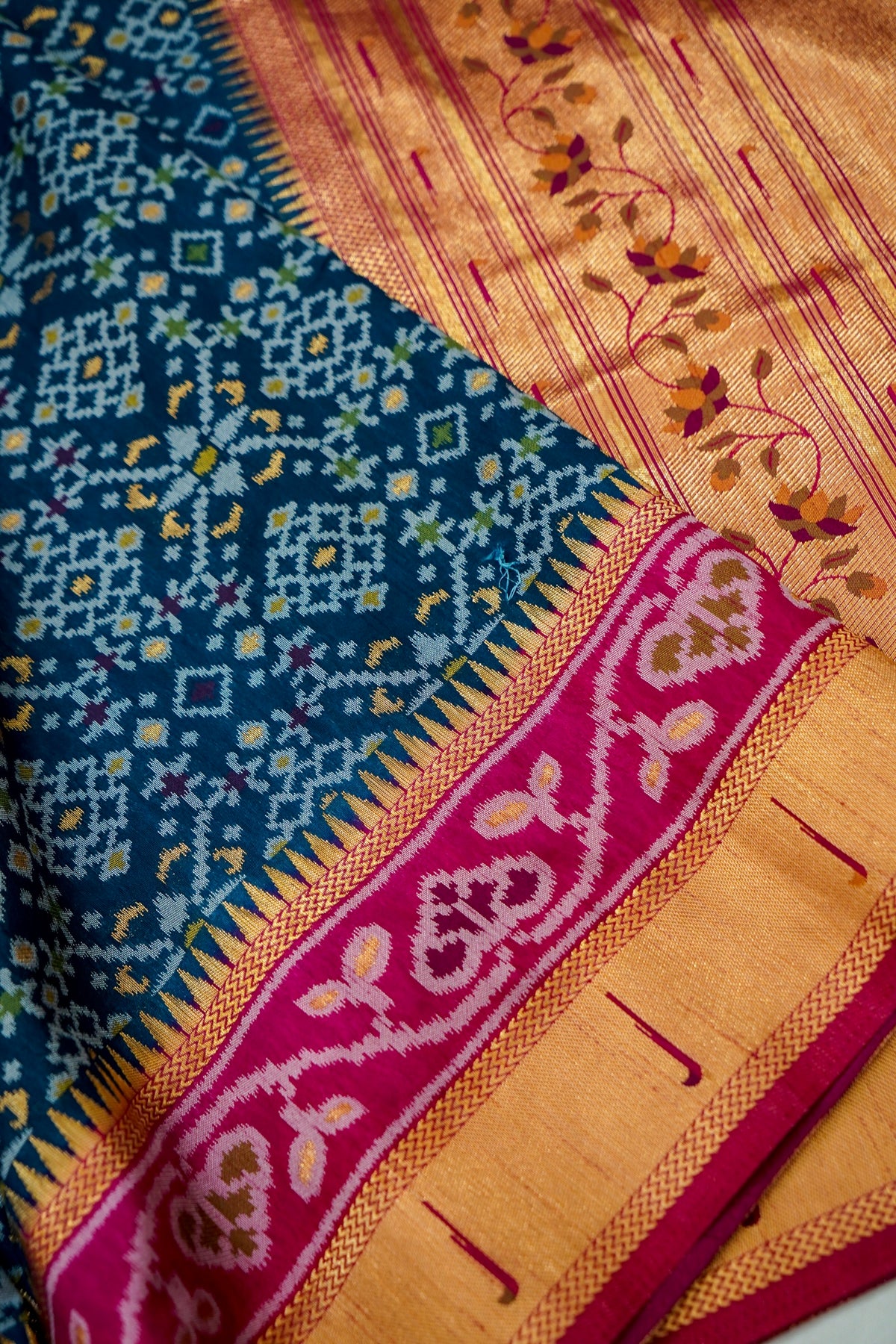 Navy Blue Dupion Silk Patola Saree with Contrast Magenta Border
