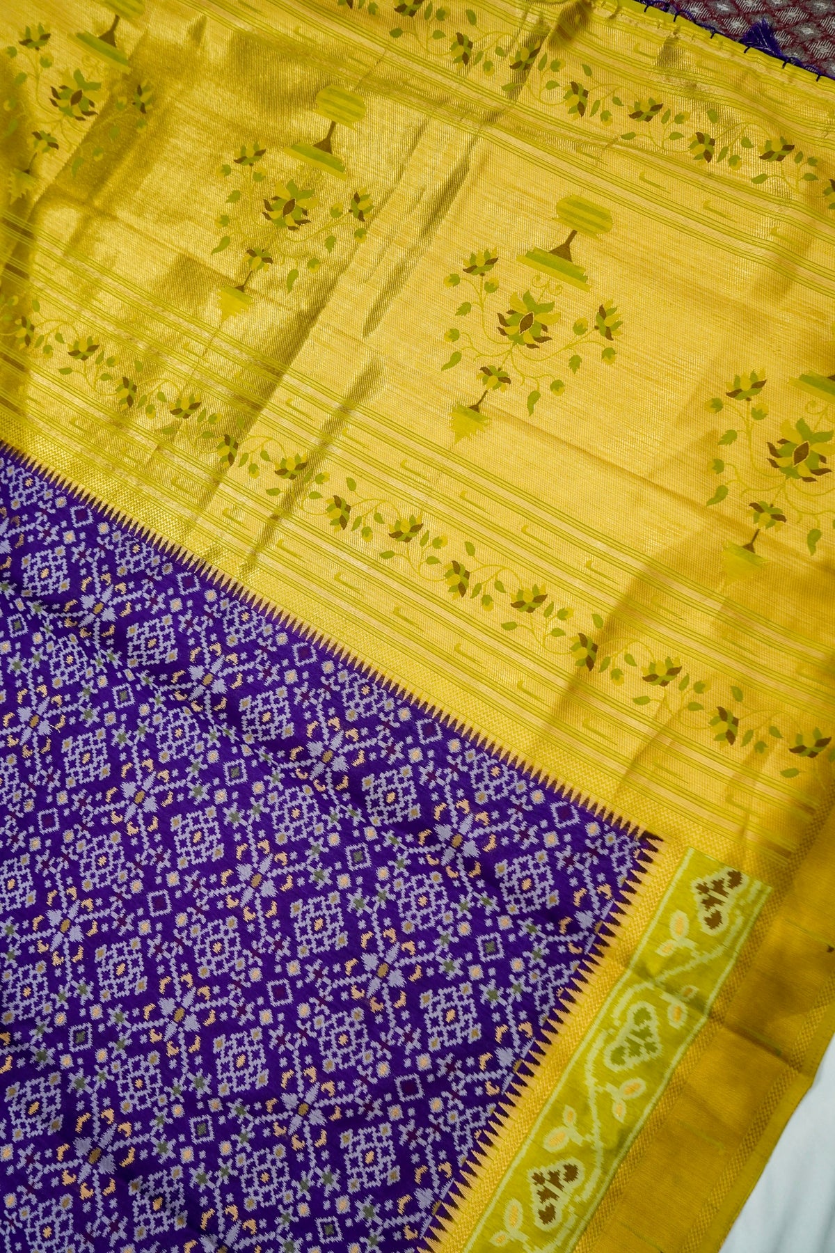 Purple Dupion Silk Patola Saree with Contrast Lime Border