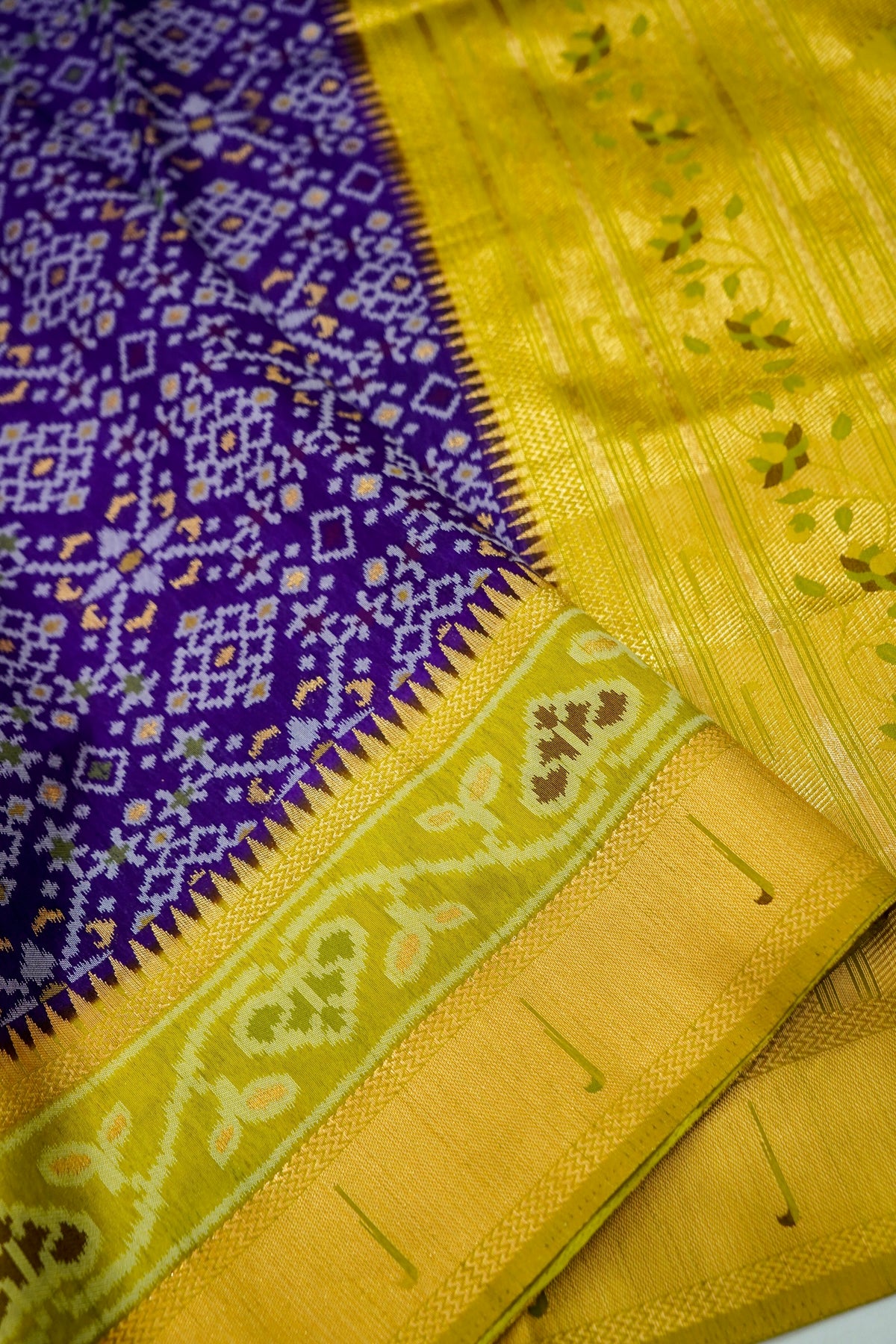 Purple Dupion Silk Patola Saree with Contrast Lime Border