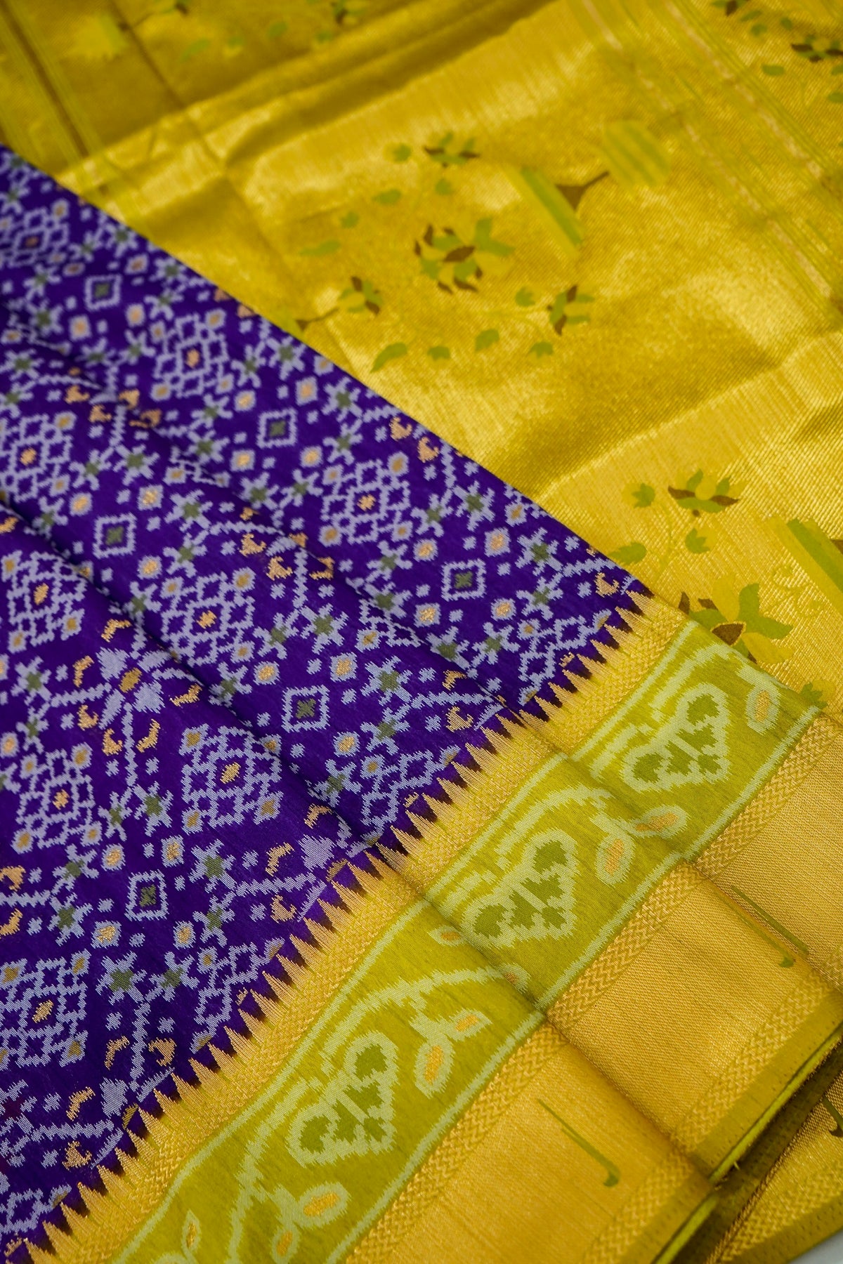 Purple Dupion Silk Patola Saree with Contrast Lime Border