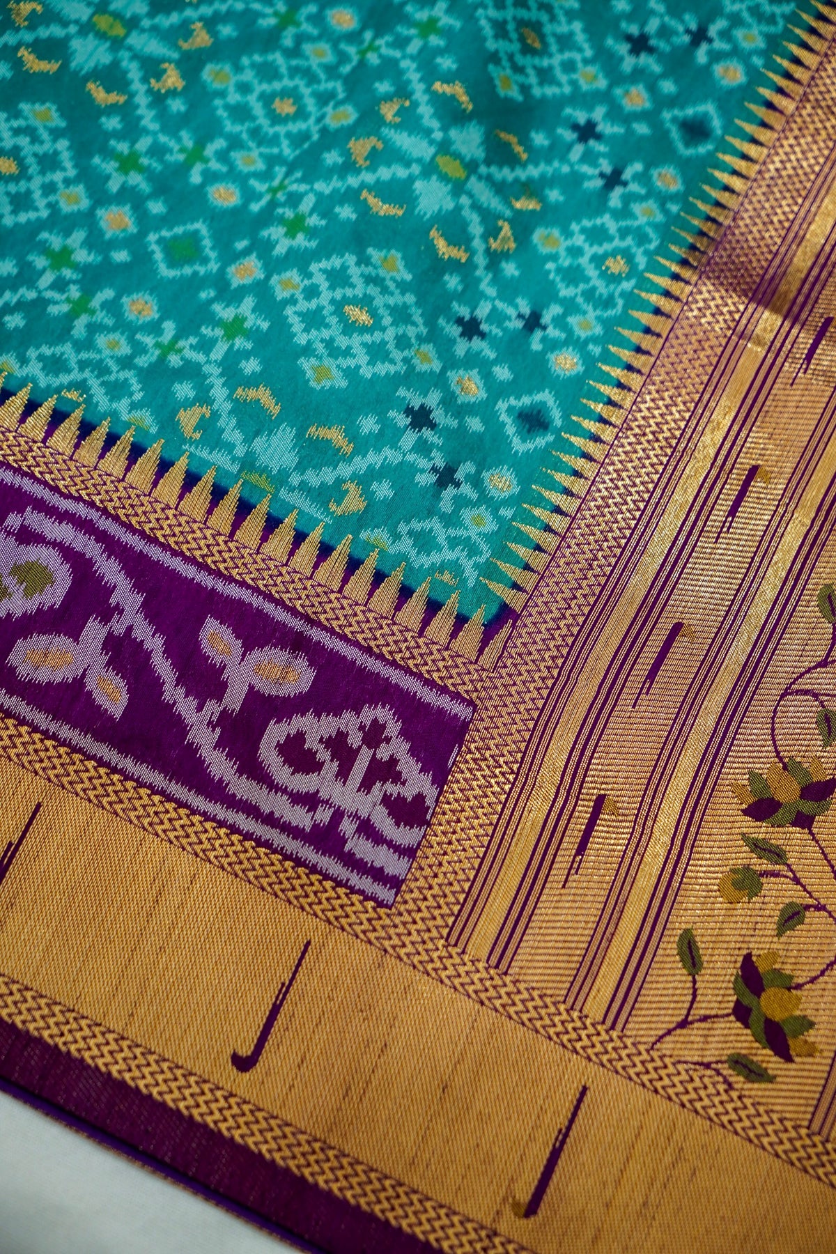 Turquoise Dupion Silk Patola Saree with Contrast Purple Border