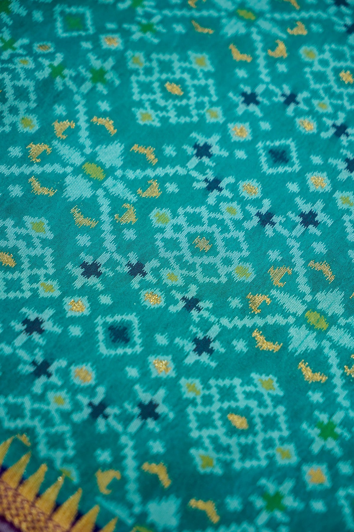 Turquoise Dupion Silk Patola Saree with Contrast Purple Border