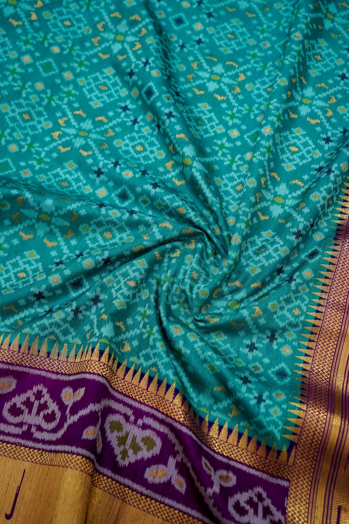 Turquoise Dupion Silk Patola Saree with Contrast Purple Border