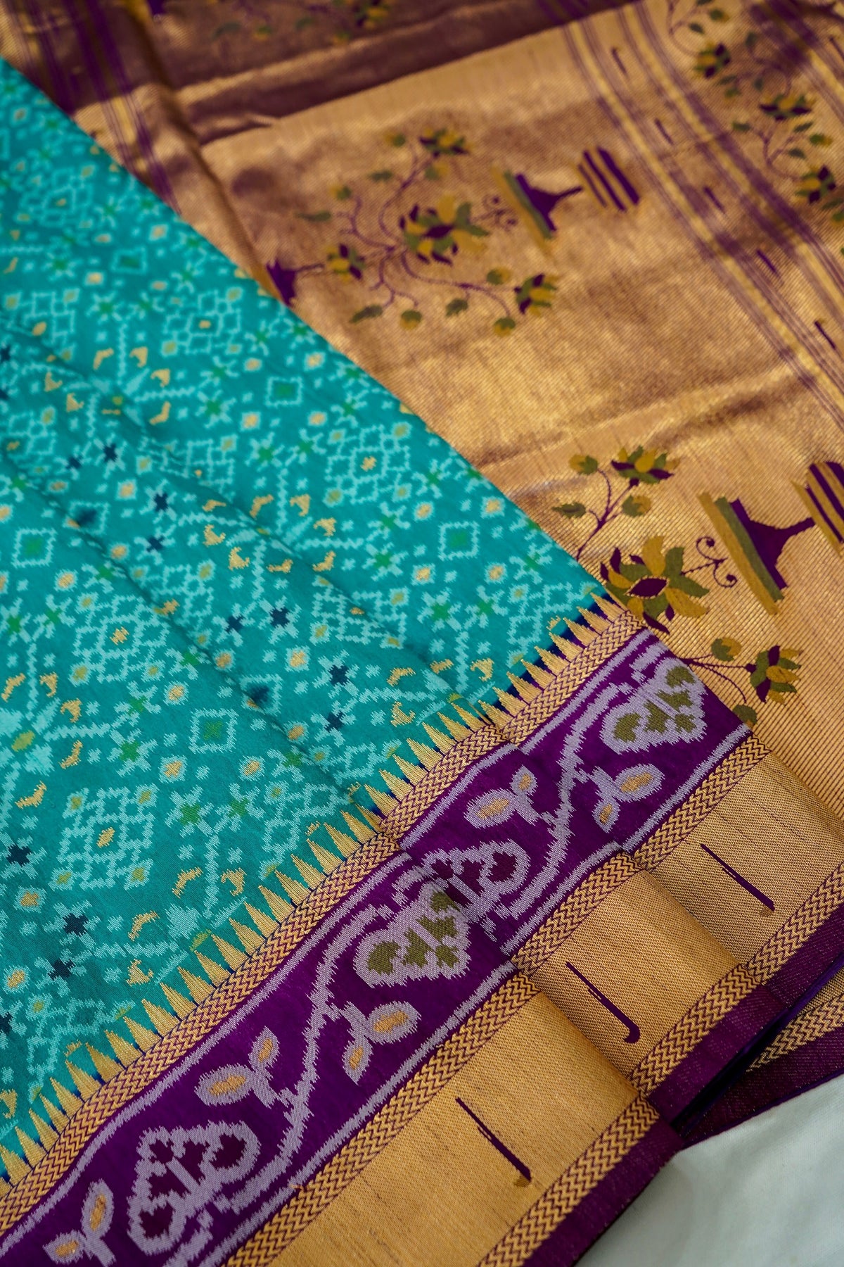 Turquoise Dupion Silk Patola Saree with Contrast Purple Border