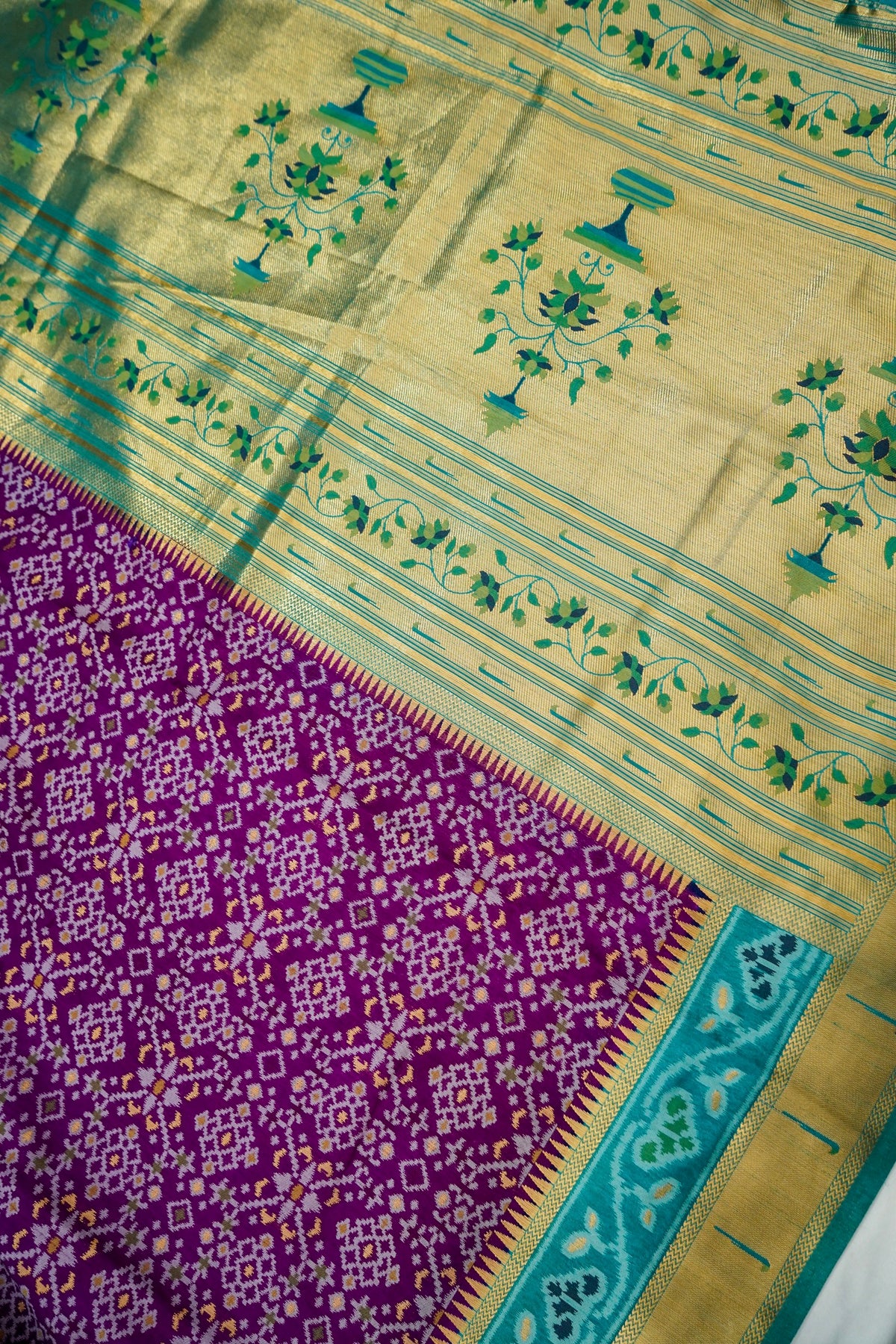 Purple Dupion Silk Patola Saree with Contrast Blue Border