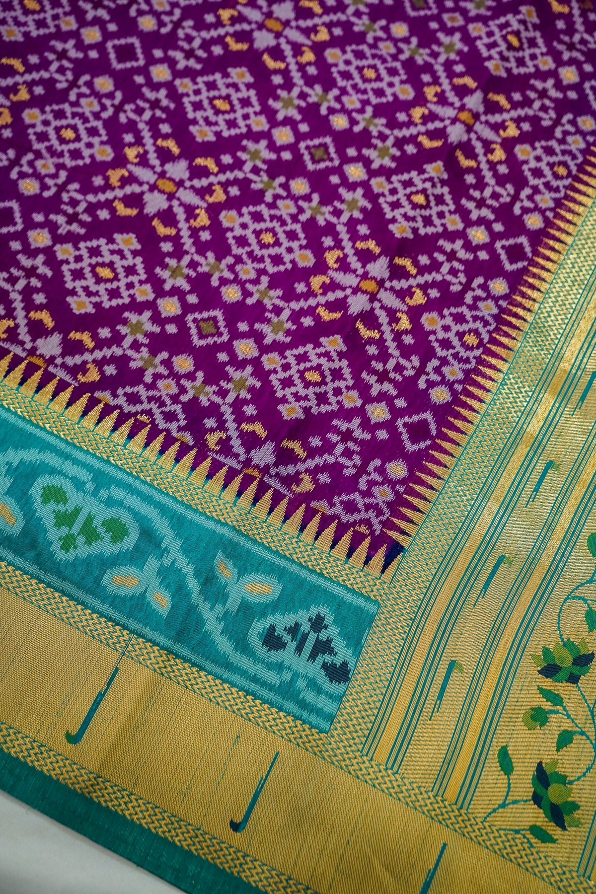 Purple Dupion Silk Patola Saree with Contrast Blue Border