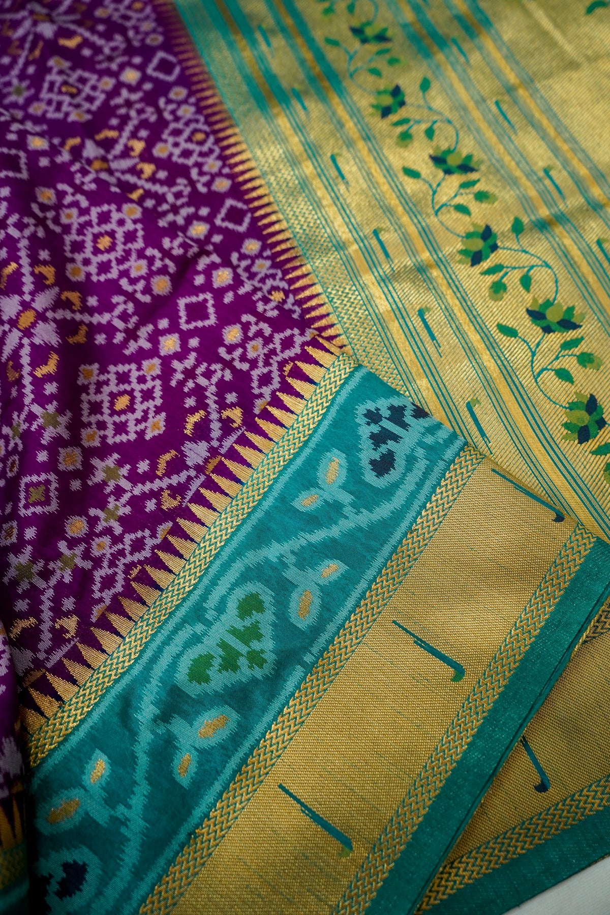 Purple Dupion Silk Patola Saree with Contrast Blue Border