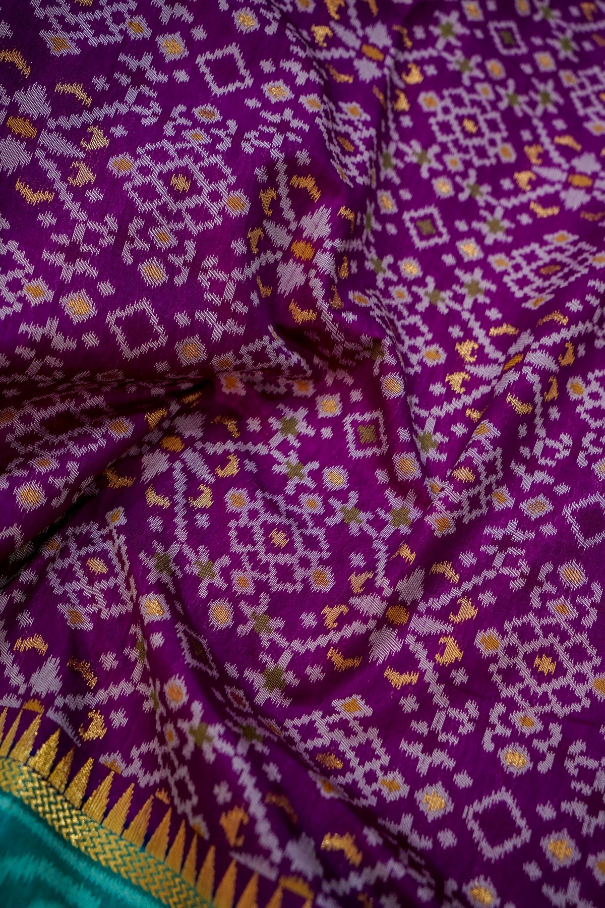 Purple Dupion Silk Patola Saree with Contrast Blue Border