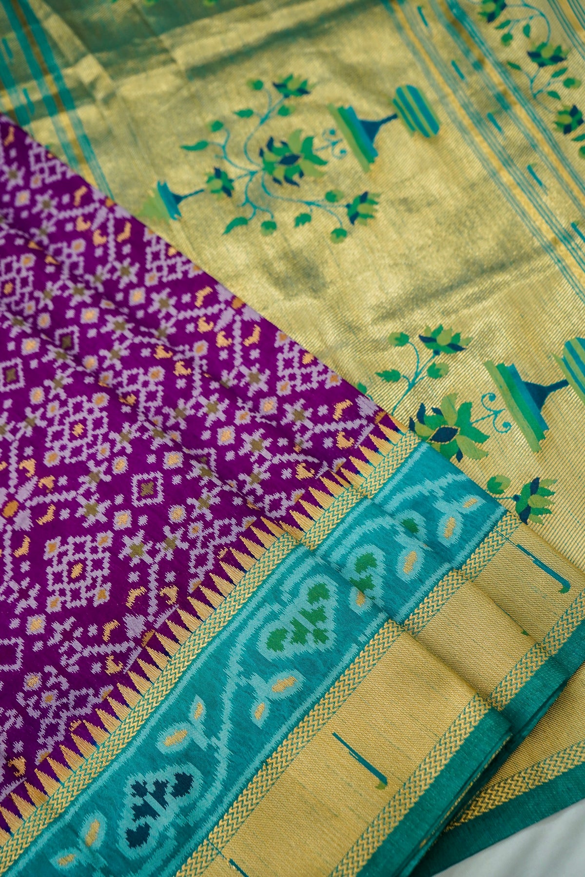 Purple Dupion Silk Patola Saree with Contrast Blue Border