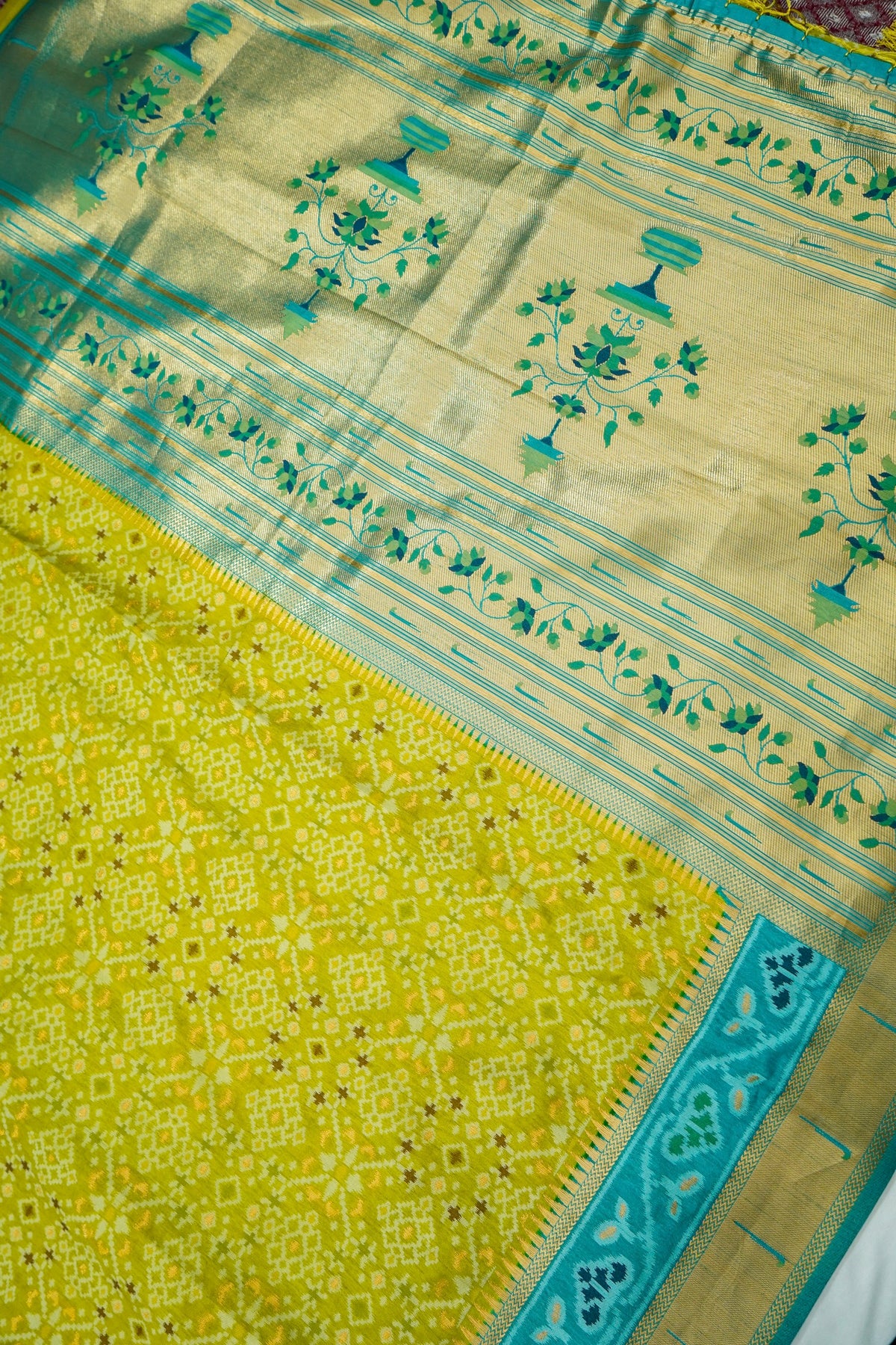 Lime Dupion Silk Patola Saree with Contrast Turquoise Border