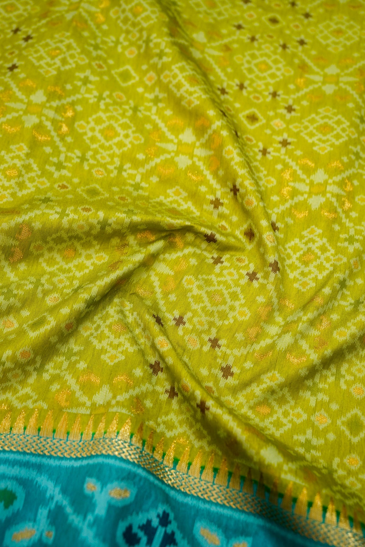 Lime Dupion Silk Patola Saree with Contrast Turquoise Border