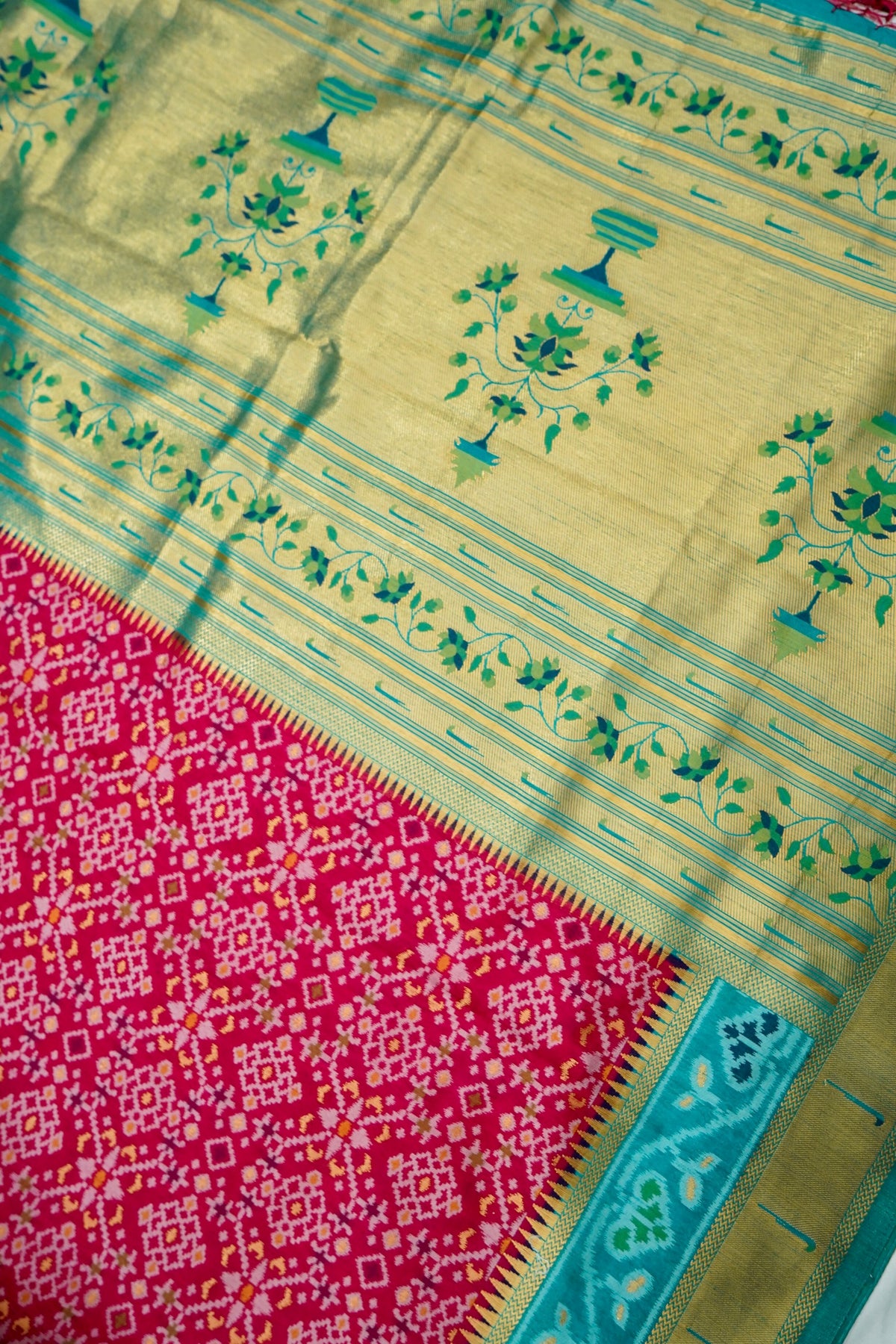 Raspberry Pink Dupion Silk Patola Saree with Contrast Turquoise Border