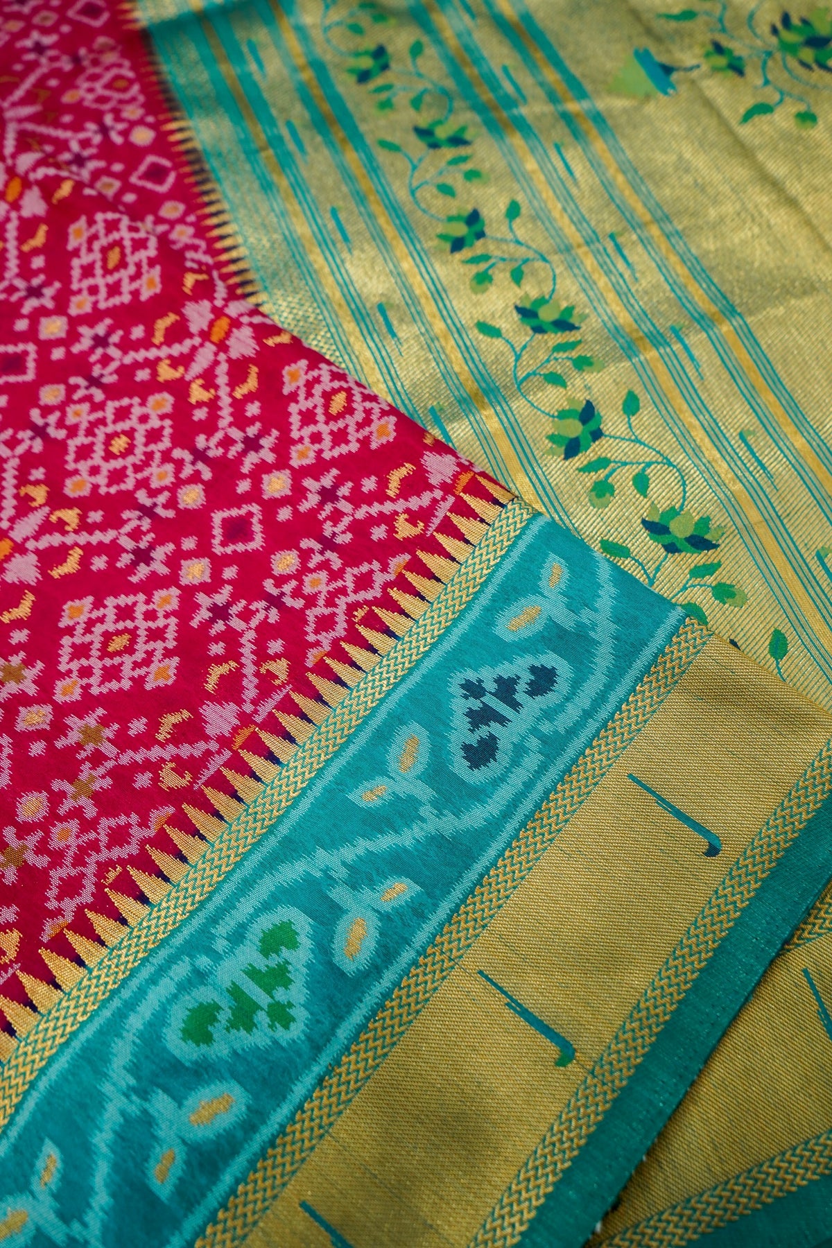 Raspberry Pink Dupion Silk Patola Saree with Contrast Turquoise Border
